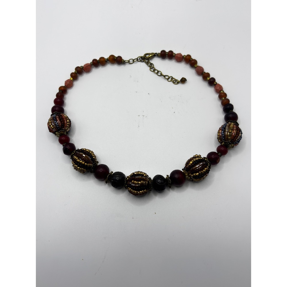 Vintage Style Beaded Choker Necklace Burgundy Bronze Boho Statement‎ 15 Inch